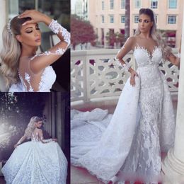 2017 luxe kant afneembare trein zeemeermin trouwjurken met pure nek lange mouwen bruidsjurken appliques achter knoppen vestidos