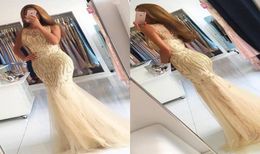 2017 Luxury Mermaid Robes de bal jaune clair en décolleté carrée perle sans manches de célébrité formelle de célébrités personnalisées en tulle P8553338