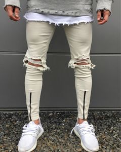 2017 mannen knie rits vernietigd jeans skinny stretch mode gescheurde ontwerper potlood khaki zwart wit Khaki biker jeans joggers