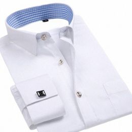 2017 hommes de luxe français manchette couleur unie Dr chemises nouveau Patchwork col à carreaux Lg manches coupe classique chemise formelle M569 A3Y9 #