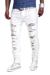 2017 heren broek gat gesneden brocks knie met rits voet stretch broeken gescheurde jeans witte skinny potlood broek joggers voor man
