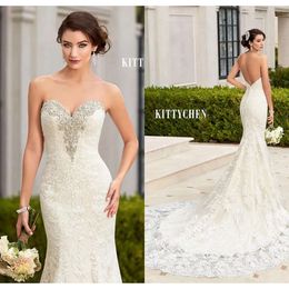 2017 sirène Backlessless Sexy Kittychen en dentelle robes de mariée chérie Crystal Chapel Train Vestidos de Noiva Beach Bridal Bridal