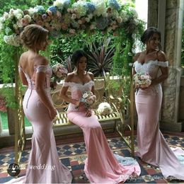 2019 zeemeermin roze bruidsmeisje jurk off shoulder appliuqes backless mus van ere jurk bruiloft gown plus size vestidos damas de eer