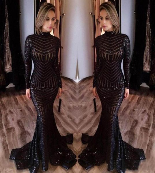 2017 Michael Costello Robes de bal à manches longues Bling Bling Black Sequins High Necy Sirène sexy Célébrité Robes Pageant Evening Dr8326255