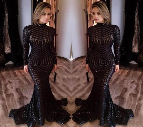 2017 Michael Costello Robes de bal à manches longues Bling Bling Black Sequins High Necy Sirène sexy Robes de célébrités Pageant Evening Dr9542579