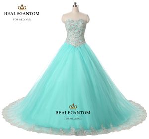 2017 Mint Blue Quinceanera Jurken Baljurk met Kant Roes Pailletten Glanzende Sweet 16 Prom Pageant Feestjurken QC126