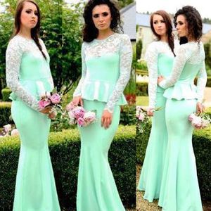 2017 Mint Groene Chiffon Zeemeermin Bruidsmeisjes Jurken Lange Goedkope Bemanning Illusie Lange Mouw met Peplum Maid of Honour Jurken Custom Made EN11219