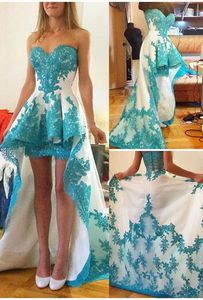 2019 Mint Groene Hoge Low Prom Dress Sexy Sweetheart Hals Applique Homecoming Jurk Evening Party Town Plus Size Vestidos de Festa