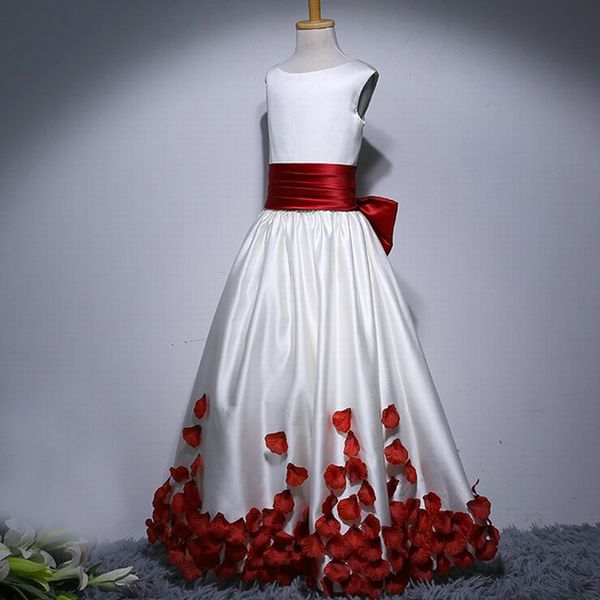 Vestidos modestos hasta el suelo para niña de flores, vestidos formales rojos y blancos para niños, vestido sin mangas con cuello joya y pétalos de lazo para boda