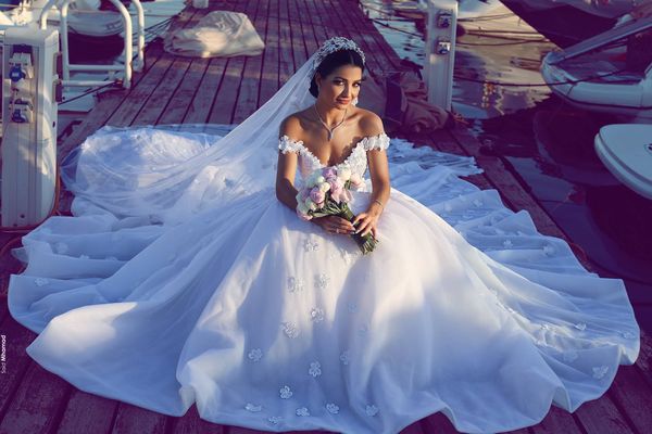 2017 Modest Said Mhamad fuera del hombro vestidos de novia vestidos de fiesta sexy espalda abierta apliques plisados por encargo vestido de novia chino