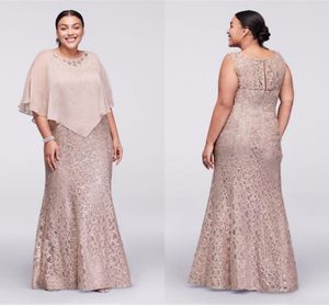 2020 champagne nieuwe moeder uit bruid jurken juweel nek full kant met cape wrap kralen vloer lengte zeemeermin plus size bruiloft gasten jurken