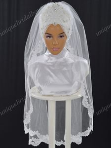 Voiles de mariage musulman avec perles et appliques de dentelle Real Model Pictures Ready to Wear Bridal Hijab Coude Longueur Hazir Gelin Turbanlari