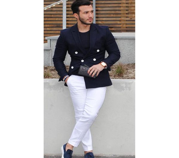 2017 Navy Blue DoubleBreasted Men Suit Blazer Casual Blazer Homme Tuxedo Custom veste Style Men 2pcs Jacket White Pants4195266