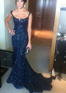 2017 Navy Blue Evening Jurken Mermaid Schep Shiny Lace Pailletten Mouwloze Court Train Sexy prom jurken2889056