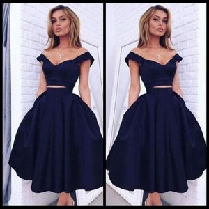 2017 marineblauw twee stuk prom dress off shoulder sweetheart nek thee lengte satijnen avond prom feestjurken