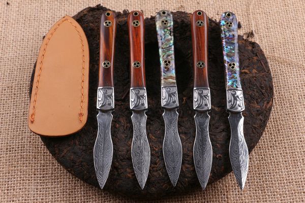 Couteau à thé à lame fixe en acier damas pur fait à la main, 2 styles, dureté 59HRC, manche en bois/coque, couteaux de poche EDC