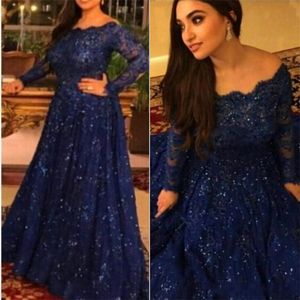 2022 Nieuwe Arabische kanten moslimjurken met lange mouwen met lange mouwen afgedekt van de schouder prom jurk Royal Blue Custom Formal Evening Jurns Plus Maat