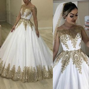 2021 Luxe Bling Dubai Wit Goud Baljurk Trouwjurken Bruids Formele Toga Sheer Lange Mouwen Off Shoulder Bateau Hals Geappliceerd Sparkly Glitter Pailletten Kant