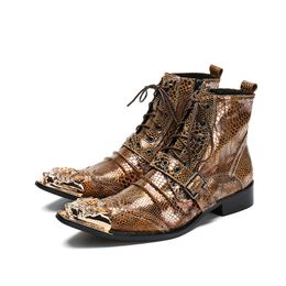 2019 nouveauté automne hiver hommes bottes mode Rock bout pointu haute augmenté bottes courtes occidentales motif serpent doré, grande taille 38-46