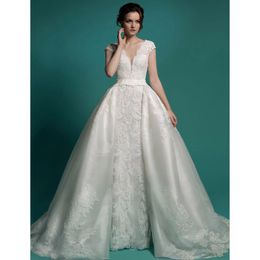Nieuwe Collectie Afneembare Trein Trouwjurken Applicaties Satijn V-hals Cap Mouw Vestido de Novia Bridal Dress
