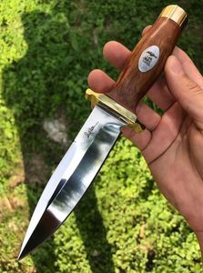 Cuchillo recto Surival de alta calidad 440A hoja de pulido de espejo mango de madera para acampar al aire libre caza cuchillas fijas cuchillos funda de cuero