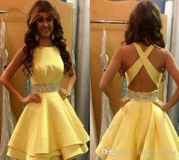 2019 Recién llegado Amarillo Vestido de fiesta barato Vintage A Line Beaded Juniors Sweet 15 Vestido de cóctel de graduación Tallas grandes por encargo