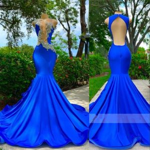 2023 vestidos de fiesta azul real para chicas negras o cuello apliques de encaje largo