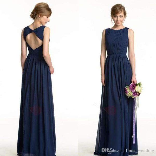 2019 Nuevo vestido de dama de honor formal bohemio azul marino barato Elegante cuello redondo Gasa Largo sin espalda Volantes Flujo Vestido de dama de honor Tallas grandes