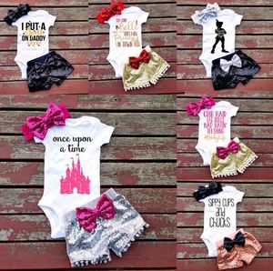 2017 nouveaux enfants tenues garçons filles été paillettes arc bandeau + lettre impression barboteuse + shorts 3pcs / set bébé paillettes bowknot costumes