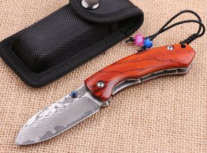 Couteau de pliage de poche Damascus de haute qualité VG10 Damascuss Blade en acier rouge ébène rouge + poignée en tôle d'acier avec sac en nylon