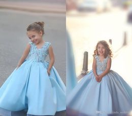 2019 Nouveau Mignon Bleu Clair Fleur Filles Robe Mère Et Fille Princesse A-ligne Junior Enfant Occasion Spéciale Robe Robe De Fête De Mariage