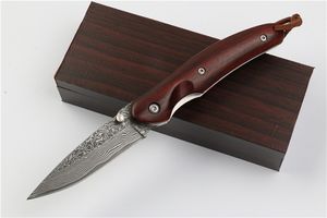 Couteau pliant de poche EDC damas, manche en ébène rouge naturel, couteaux de survie en plein air, cadeau de noël