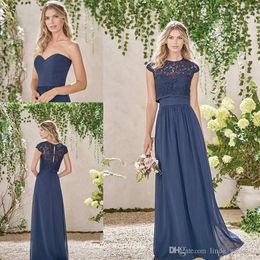 2019 Nieuwe Dark Navy Formele Bruidsmeisjesjurk Goedkope Twee Stukken Kant Cap Mouwen Ruched Long Maid of Honour Gown Plus Size Custom Made