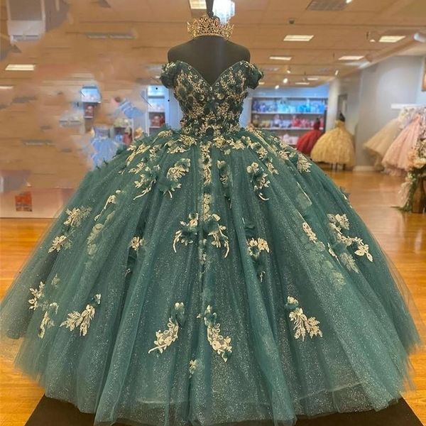 2023 robes de quinceanera chasseur verts 3d fleurs florales au large de la lacets ￠ lacets arri￨re paillettes ￠ palette