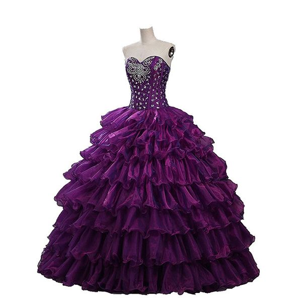 2017 Nouvelles Robes De Bal Élégantes Robes De Quinceanera Pourpres Avec Perles Cristaux À Lacets Doux 16 Robes 15 Ans Robes De Bal Stock 2-16 QS1037