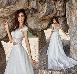 Nuevos vestidos de novia bohemios de dos piezas de verano 2020 Illusion Neck Cap Sleeve Court Train Lace Tulle A-Line Beach Vestido de novia Robe de mariee