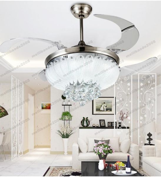 2017 NOUVELLE suspension en cristal de conception simple européenne lumière 42 pouces ventilateur de plafond pales de lumière ventilateur caché lames invisibles ventilateurs de plafond ventilateur de plafond