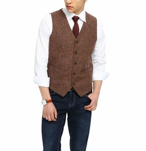 2019 British Country Style Farm Bruiloft Bruin Wol Herringbone Tweed Vesten Custom Made Groom's Pak Vest Slim Fit Bruiloft Vest Mannen Plus Size