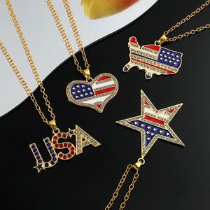 Diseñador de moda EE. UU. Bandera Nacional Collar Colgante Mapa Pentagramas Corazón Encanto Collar de Cadena Larga para Hombres Mujeres Hiphop Joyería Regalos