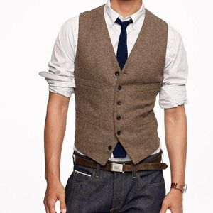 Nieuwe Mode Bruin Tweed Vesten Wol Herringbone Britse Stijl Mens Vest Slim Fit Mouwloos Kledingstuk P: 001