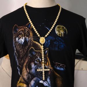 2017 Nieuwe Mode Hip Hop Vergulde Volledige CZ Iced Out Jesus Face Cross Pieces 79cm Lange Rozenkrans Ketting voor Mannen en Vrouwen Sieraden