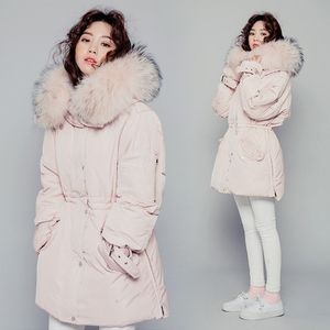 2017 nouvelle mode hiver femmes grande vraie fourrure de raton laveur à capuche blanc duvet de canard moyen long mince taille parka manteau casacos XS-XL