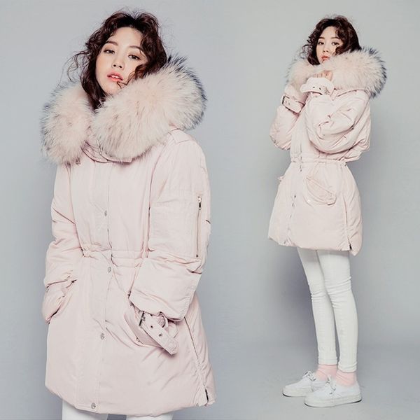 2017 nueva moda invierno mujer grande piel de mapache real con capucha pato blanco abajo medio largo delgado cintura parka abrigo casacos XS-XL