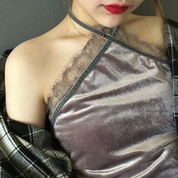 Nouvelle mode femmes sexy licou cou épaules dénudées cils dentelle patchwork spaghetti sangle velours débardeur gilet haut court camisole