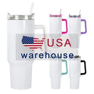 Entrepôt américain ! Sublimation Gobelets blancs de 40 oz avec poignée Tasses de voyage isolées à double paroi en acier sans ligne argentée En stock !