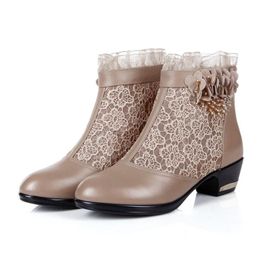 Nouveau cuir véritable bottes nues réseau bottes sandales en cuir avec de grands chantiers creux fil dentelle bottes d'été femmes chaussures