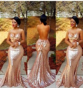 2017 New Gold Sparkle Sequins Sexy Lowcut Spaghetti Prom Dresses Mermaid Champagne Vestido de noche sin espalda con Bow8913663