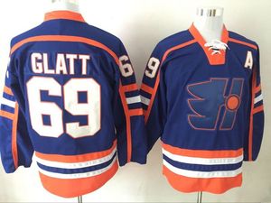 2017 Nieuwe Hockey Jerseys Goedkope Gestikt 69 Doug Glatt The Thug Halifax Highlanders GOON Movie Vintage Uniformen Blauw Geel Alternate