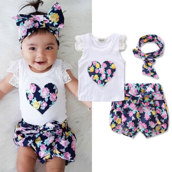 2017 Nuevo verano caliente niños pequeños bebés niñas trajes ropa camiseta Tops + Pantalones/pantalones cortos/falda 2 piezas conjunto