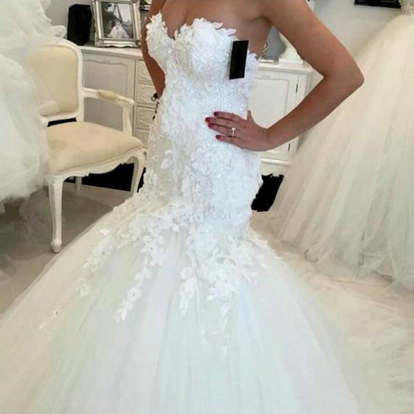 Nuevo vestido de novia de sirena de encaje, apliques 3D, vestidos de novia con cuentas, vestidos de novia elegantes sin espalda, vestidos de boda sexys Casamento